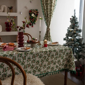 Christmas Cotton Linen Tablecloth Bronzing Holly Leaves Berries Printed Rectangular Dining Table Cover Green Tassel Edging For Holiday Home Decor
