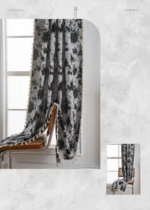 Detail view of American vintage curtain with black floral pattern and tassel trim