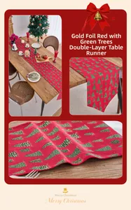 Close-up of festive red Christmas table runner with gold dots and green tree patterns