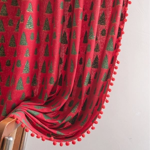 Red Christmas curtain with gold foil trees and festive pom-pom trim for home holiday decor