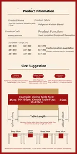 Size guide for Christmas table runner showing dimensions and placement tips for dining tables