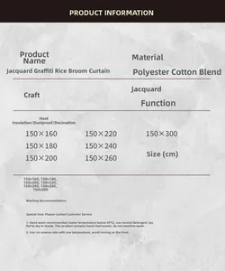 Size chart for jacquard geometric curtains showing various dimensions and care instructions