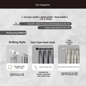 Size guide for geometric jacquard curtains showing rod pocket and hook style options