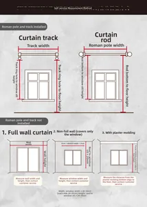 Detailed measurement guide for window curtains showing track and roman rod installation