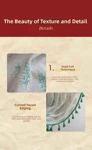 Detail of green Christmas holly leaf gold stamping on polyester cotton fabric with tassels