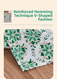 Detail of green poinsettia print table runner with reinforced hem and V-shaped end