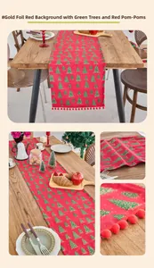 Detail of red Christmas table runner with gold stamped trees and pom pom trim