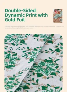 Detail of green Christmas table runner with golden bronzing and floral patterns