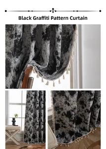 Close-up of black graffiti jacquard curtain fabric with cream tassel fringe details