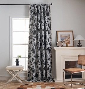 Detail view of vintage geometric jacquard curtain with elegant beige tassel fringe edges
