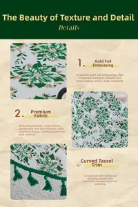 Close-up of pine branch print tablecloth with gold foil detail and green fringe trim