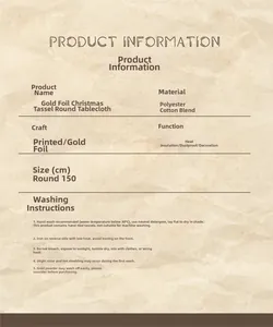 Detailed washing care guide and material specs for the round gold-stamped Christmas tablecloth