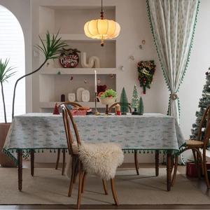 Christmas Cotton Linen Tablecloth Rectangular Gold Stamping Pine Tree Printed Table Cover With Tassel Fringe For Holiday Party Dining Decor