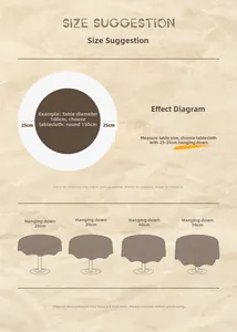 Size guide for round tablecloth featuring drop length suggestions from 20cm to 50cm