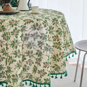 Christmas pine needle print round tablecloth with green fringe tassels for holiday dining