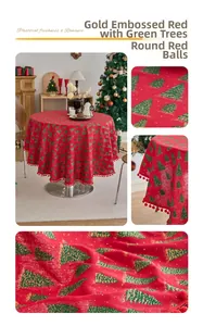 Detail of red round Christmas tablecloth with green tree prints and red pompom fringe