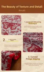 Detailed macro view of red and white floral jacquard fabric with scalloped lace edge