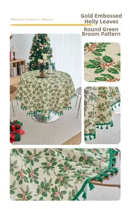 Detail of round Christmas tablecloth with holly berry print and green tassel fringe
