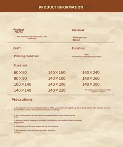 Size chart for jacquard red butterfly tablecloth showing dimensions and washing instructions