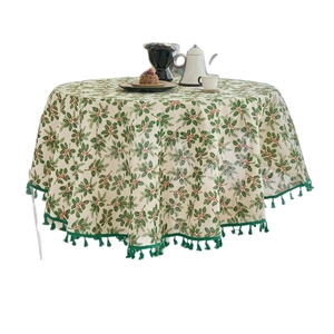 Christmas round tablecloth with pine branch holly prints and green tassel fringe