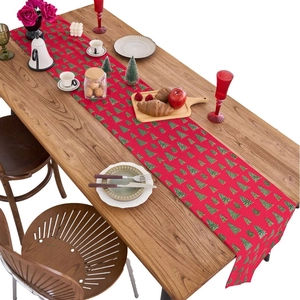 Christmas red table runner with gold green tree pattern for dining table decor