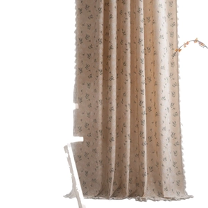 Cream floral printed curtain with black flower patterns and elegant tassel lace edges