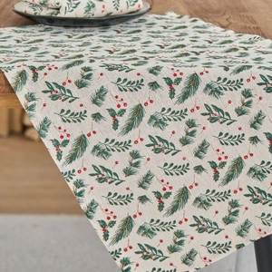 Christmas table runner with green pine needles and red holly berries on beige fabric