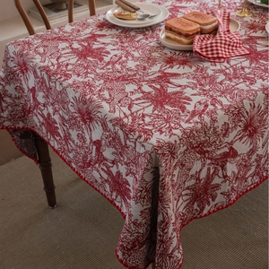 Toile de Jouy red and white floral jacquard tablecloth with scalloped edges for festive dining