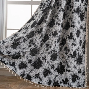 Floral blackout curtain with fringe trim and elegant black patterns for home windows