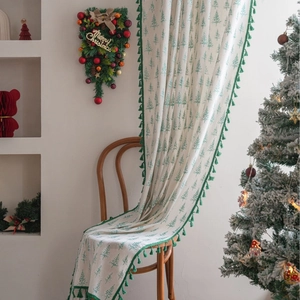 Beige Christmas window curtain with green pine tree prints and tassel fringe decoration
