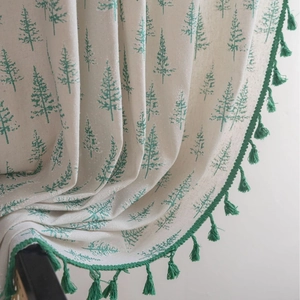 Green evergreen tree pattern curtains with tassels in Nordic pastoral cotton linen style