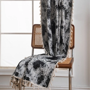 Floral jacquard tassel curtain with vintage ink flower pattern on light grey fabric