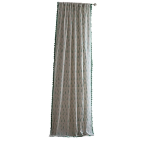 White Christmas curtain with green pine trees and decorative pom-pom trim edges