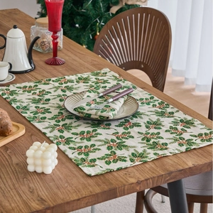 Christmas Fabric Napkin Placemat Cotton Blend Rustic Holly Berry Square Table Cloth For Holiday Party Dining Table Decor