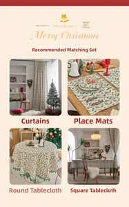 Green Christmas table runner and placemats with leaf print and festive tassels