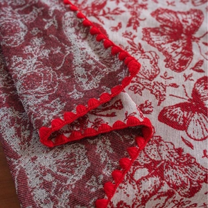 Red festive jacquard tablecloth with butterfly embroidery and hanging ball tassels