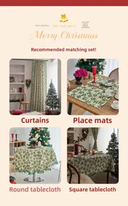 Green Christmas table linens and curtains with holly leaf and red berry festive prints