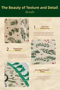 Detail of bronzing craft and curved tassel edge on green pine Christmas tablecloth