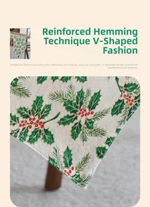 Close-up of Christmas table runner with holly leaves and reinforced V-shape edge stitching