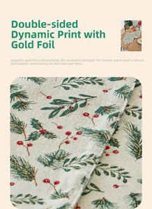 Detail of Christmas table runner with pine leaves, red berries, and gold foil printing