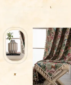 Close-up of vintage floral jacquard polyester fabric curtain with fringe edge details