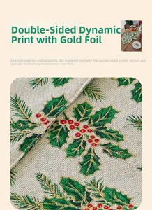 Detail of Christmas table runner with double-sided printing and gold bronzing leaf motifs