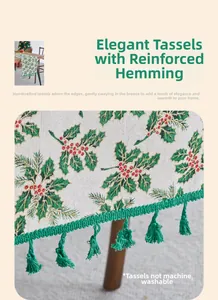 Detail of Christmas table runner with holly leaf print and handmade green tassels