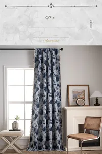 Detail of American retro curtains with blue jacquard floral pattern and handmade tassels