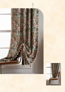 Detail of floral butterfly print curtain with fringe tassel edges in American vintage style