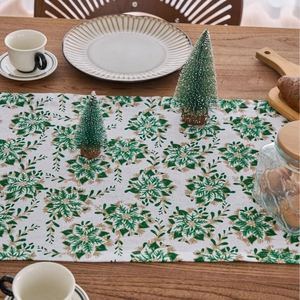Christmas table runner with green gold floral patterns on white fabric for holiday decor