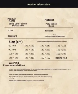 Size chart for jacquard tablecloth with fabric care guide and dimensions for home decor