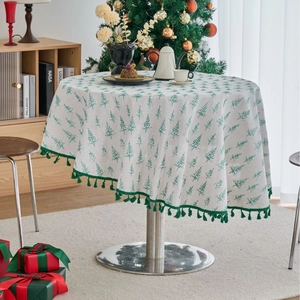 Christmas Round Tablecloth Cotton Linen Gold Stamping Tassel Table Cloth Xmas Tree Holly Leaf Festive Dining Table Decor