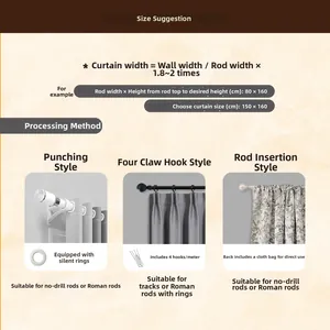 Guide for curtain size measurement and installation styles with rings, hooks, and rod pockets