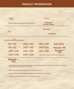 Size chart for dark red plaid wool-blend tablecloth showing dimensions and care instructions